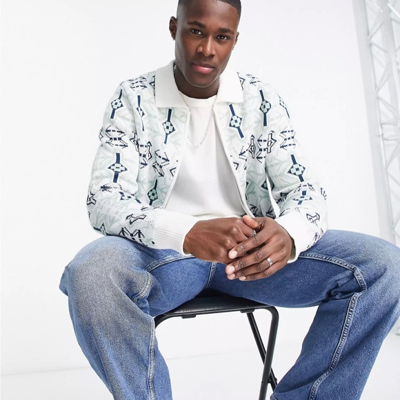 Topman geometric knitted zip through polo in ecru and blue - Picture 4 of 4